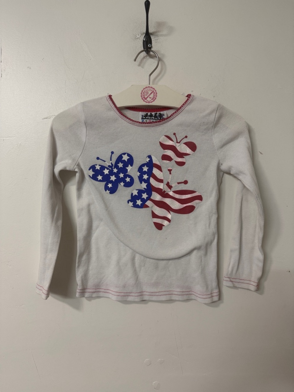 Girls' White Long-Sleeve Tee with Red & Blue Butterfly Print Y2K